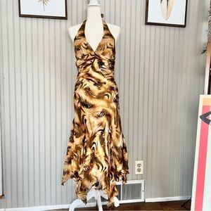 Mary.L Couture Silk Yellow Halter Animal Print Bodycon Midi Scarf Dress Y2K
